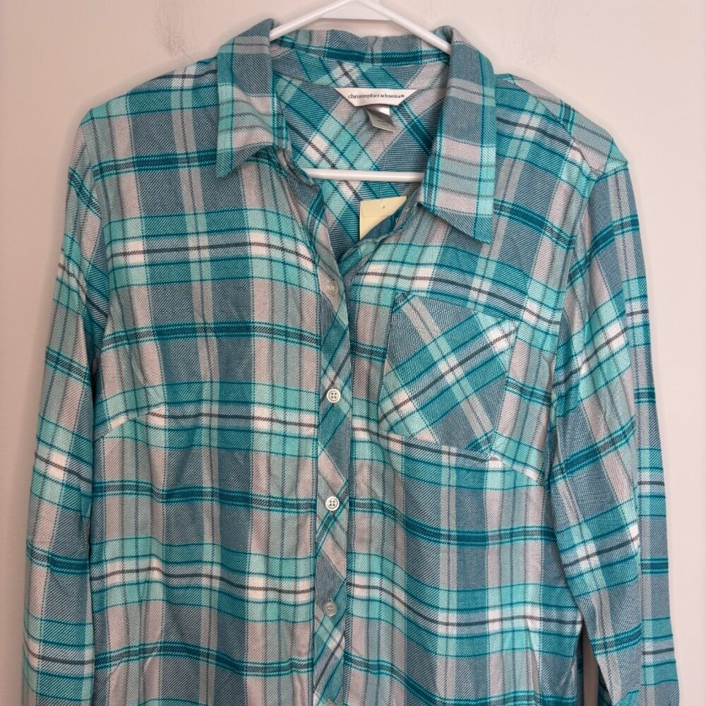 CHRISTOPHER & BANKS NEW Teal Plaid Flannel Womens M Collared Long Sleeve Rayon - Picture 5 of 7